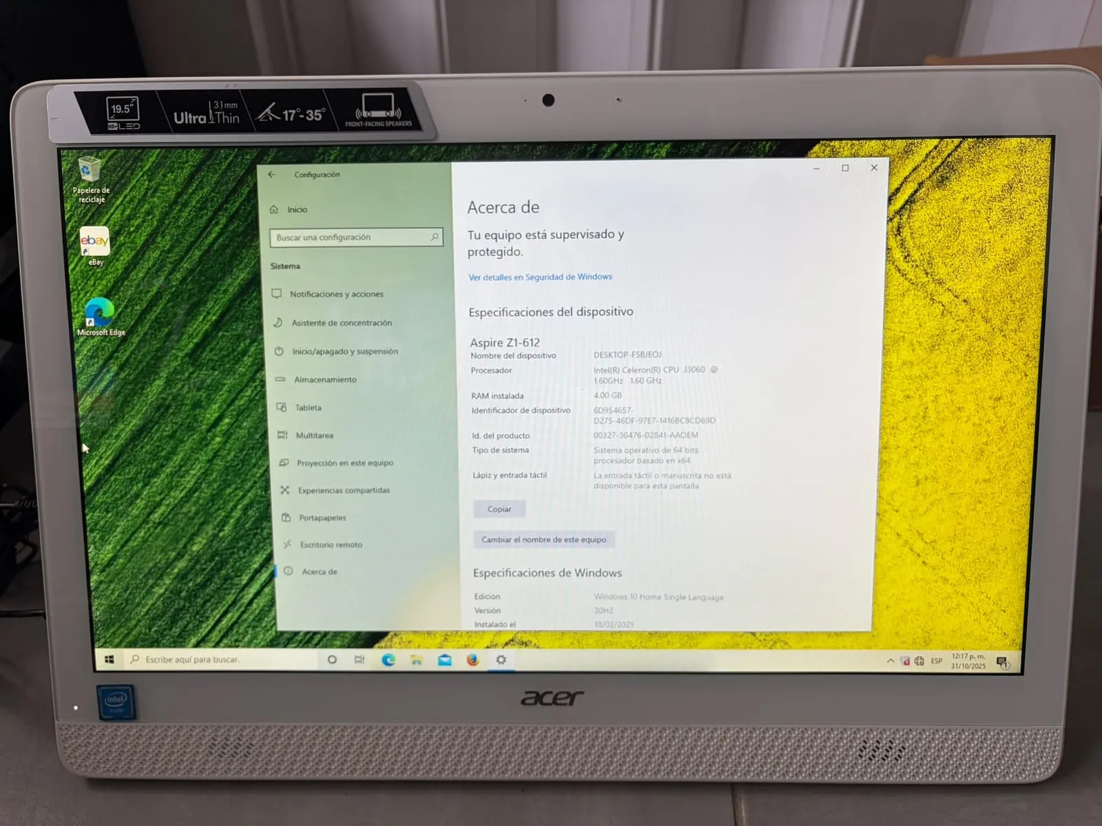 PC All in One Acer Aspire Z1-612 19.5" - Intel Celeron J3060, 4 GB RAM - foto 2